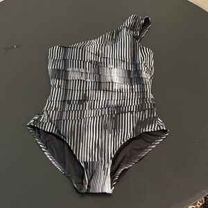 Calvin Klein Black and White Striped One Shoulder One Piece Swimsuit